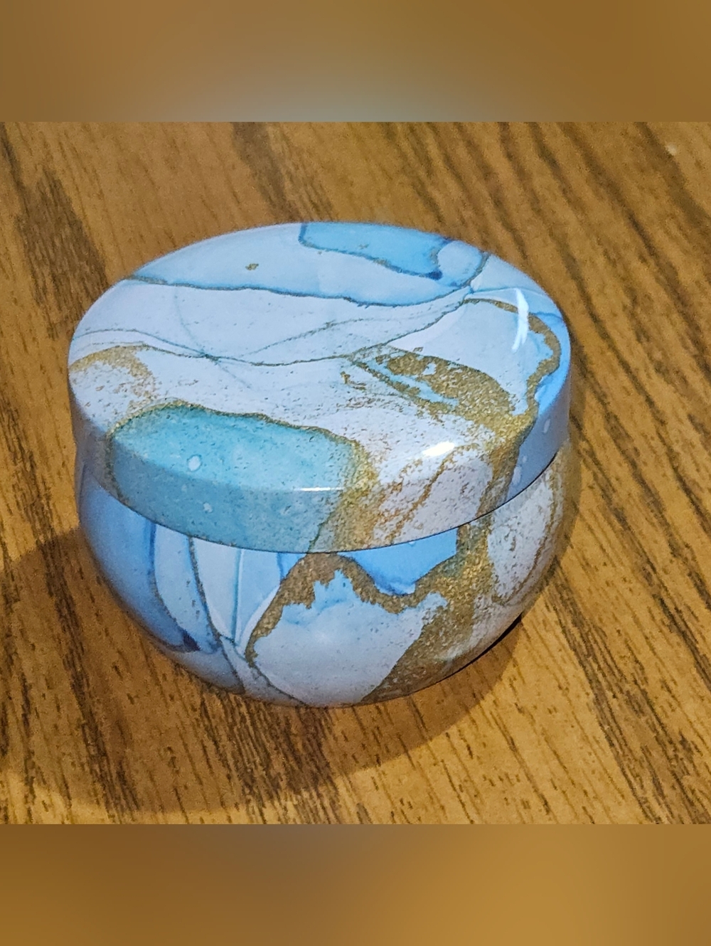 Large Blue Marble Tin Storage Jar with Subtle Gold Veining BNIB
